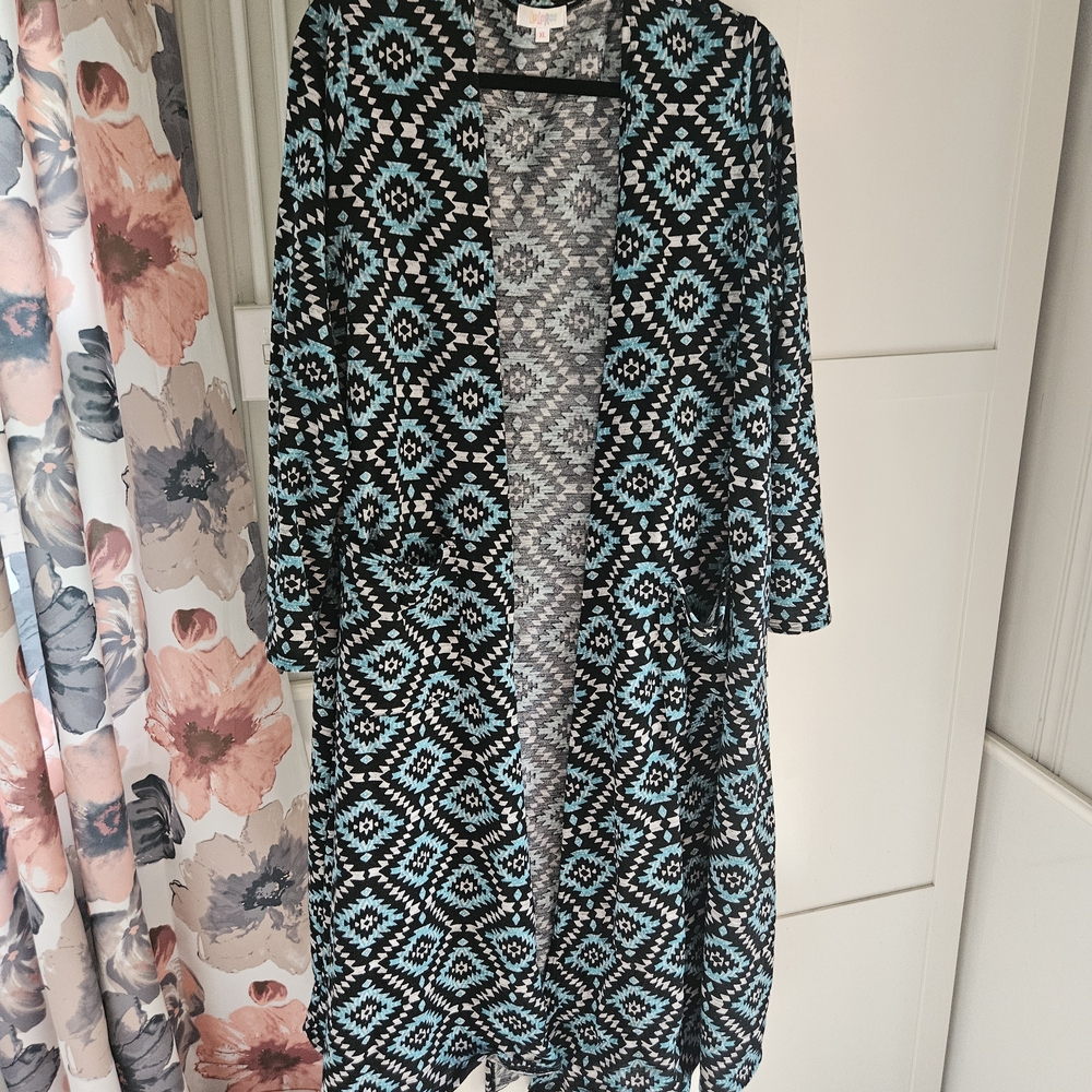 LuLaRoe Sarah - Black and Blue Aztec Duster, Size XL